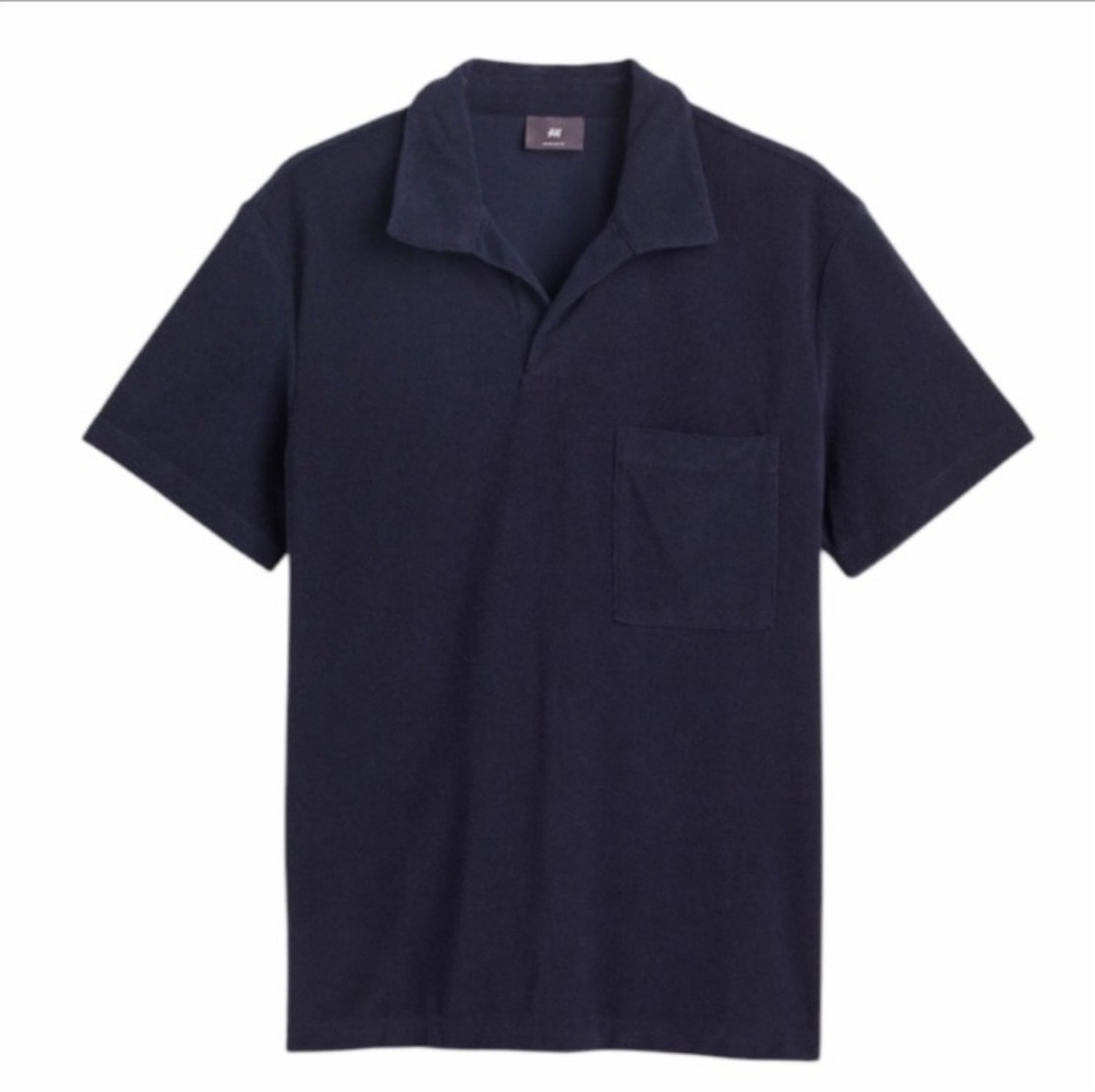 H&M Regular Fit Terry Polo Shirt Black Men's M - Picture 2 of 11